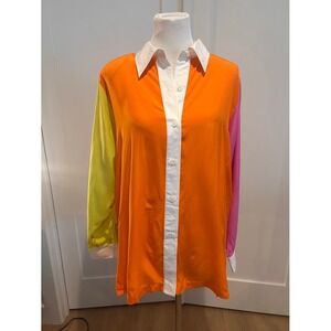 Linea by‎ Louis Dell'Olio Silk Colorblock Button Down Blouse Orange Pink 1X
